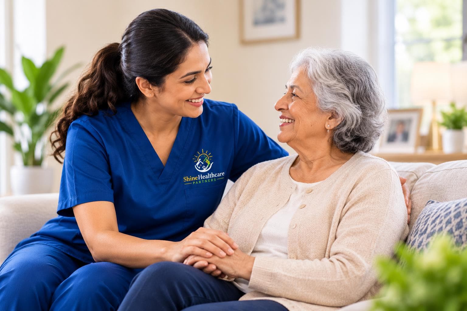 A caregiver connecting with an older adult in the comfort of home