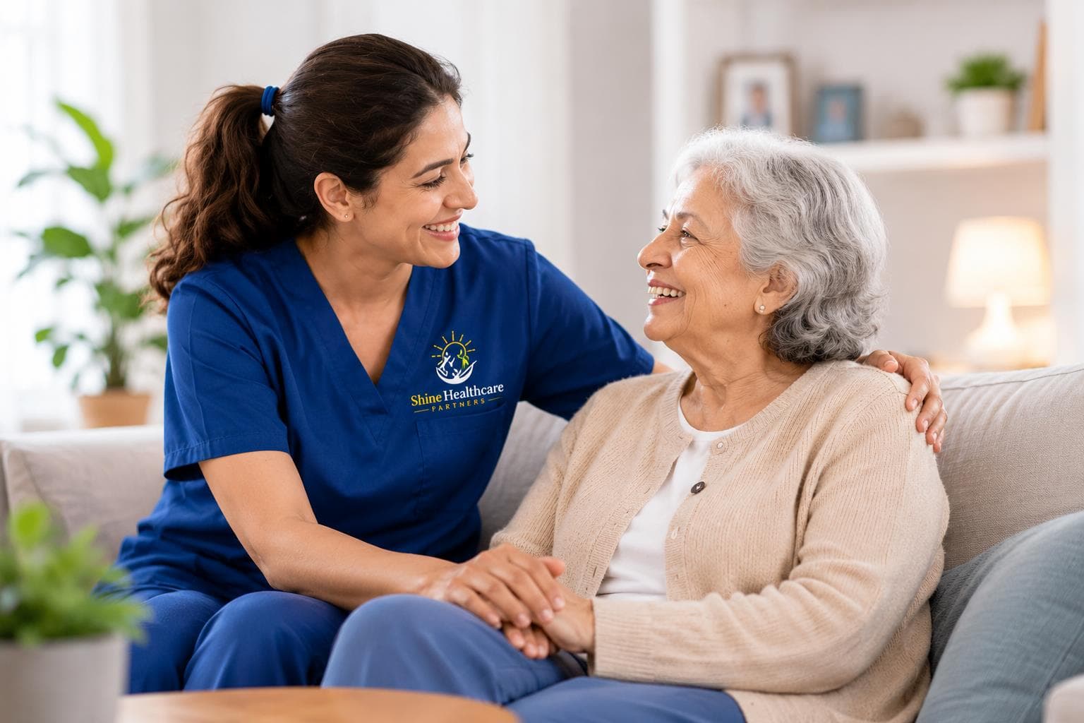 A Shine Healthcare caregiver supporting a senior at home